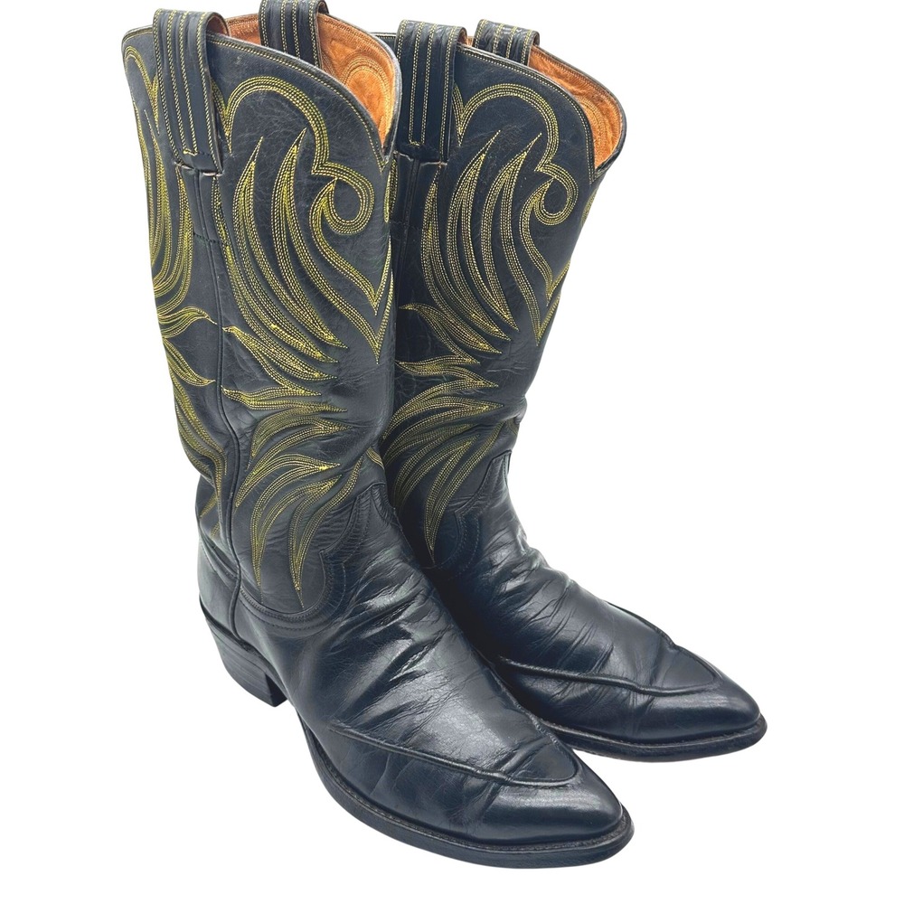 Vintage MYER Elite Mens Black Leather Gold Flame Western Cowboy Boots J-Toe 9D